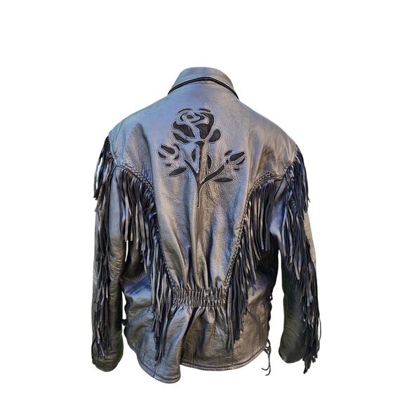 Vtg 90s Shaf Leather Fringe Biker Rose Punk Rock Motorcycle Gypsy Moto Jacket XL - Picture 3 of 7